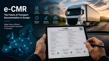 Řidič používá tablet s digitálním dokumentem CMR během probíhající kamionové přepravy v Evropě, což představuje moderní digitalizaci logistiky
