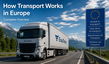 Kamionová doprava napříč Evropou po dálnicích, logistika a pohyb nákladu mezi zeměmi EU, moderní dodavatelský řetězec